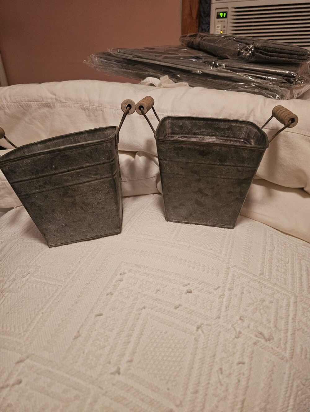 Rustic Metal Planter Buckets with Wood Handles - Gray